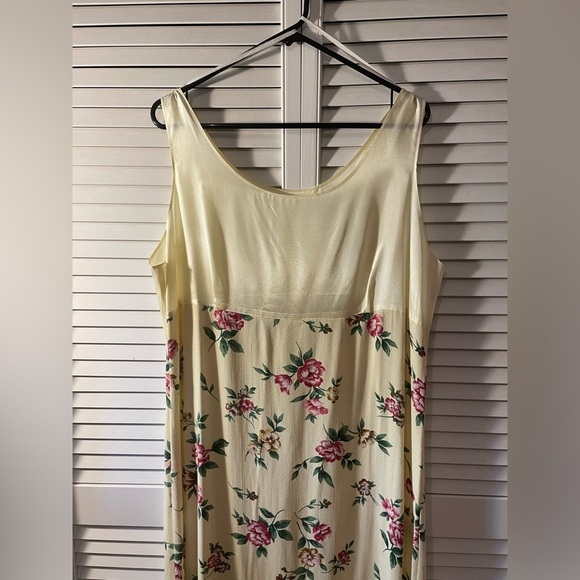 Vintage Maxi Satin Floral Dress Empire Waist Size XL Light Yellow Pink Green - Picture 10 of 15